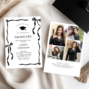 Trendy Black Bow Ribbon 4 PHOTO Graduation Party Invitation