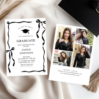 Trendy Black Bow Ribbon 4 PHOTO Graduation Party Invitation