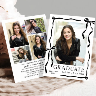 Trendy Black Bow Ribbon 5 PHOTO Graduation Party Invitation
