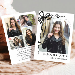Trendy Black Bow Ribbon 5 PHOTO Graduation Party Invitation
