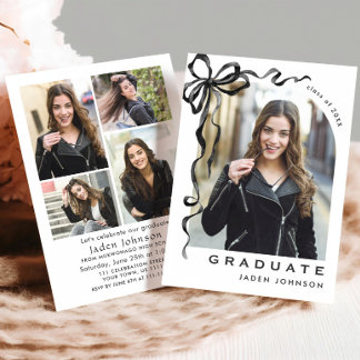 Trendy Black Bow Ribbon 5 PHOTO Graduation Party Invitation