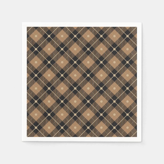 Trendy Black Brown Plaid Napkins (Front)