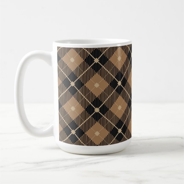 Trendy Black Brown Plaid Pattern Coffee Mug (Left)
