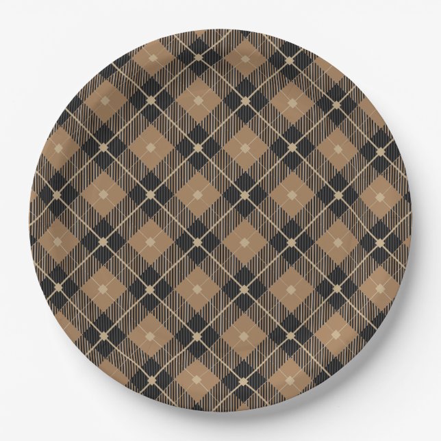 Trendy Black Brown Plaid Pattern Paper Plates (Front)