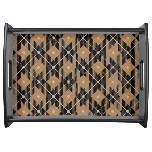 Trendy Black Brown Plaid Pattern Serving Tray (Front)