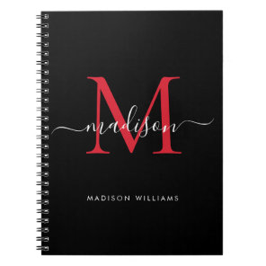 Trendy Black Burgundy Red Monogram Script Name Notebook