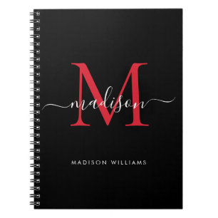 Trendy Black Burgundy Red Monogram Script Name Notebook