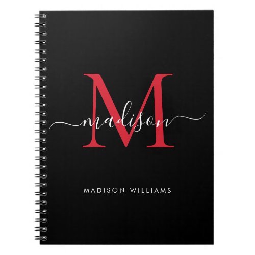 Trendy Black Burgundy Red Monogram Script Name Notebook