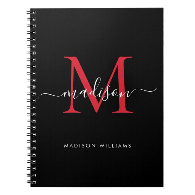 Trendy Black Burgundy Red Monogram Script Name Notebook (Front)