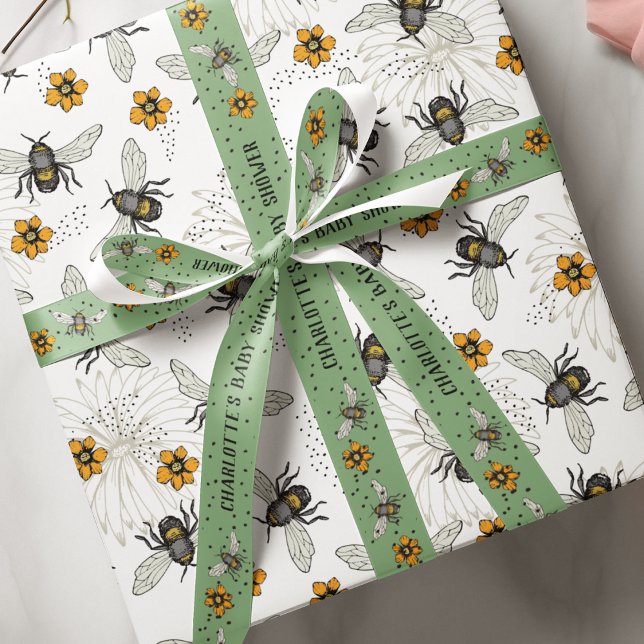 Trendy Black Buzzing Honeybee for Spring & Summer Wrapping Paper (Trendy Buzzing Bees and flowers pattern. Look for matching ribbon that comes in 1.5" or 3" width :)))