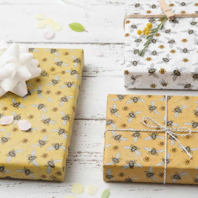 Trendy Black Buzzing Honeybee for Spring & Summer Wrapping Paper Sheets (Yellow, Orange & White Honey Bee and Flowers Floral Wrapping Paper. Birthday Bee Gift Wrap for Her.)