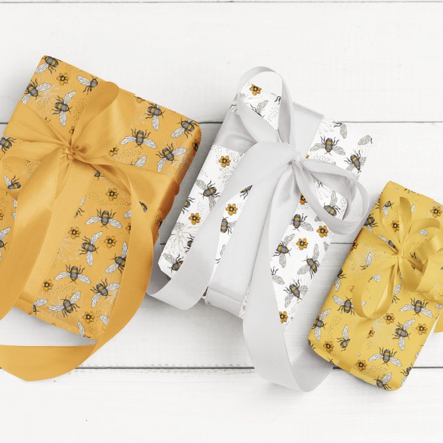Trendy Black Buzzing Honeybee for Spring & Summer Wrapping Paper Sheets (Chic Bee Gift Wrap. Honeybees & Spring Flowers Drawings on Mustard Yellow, White & Pumpkin Orange.)