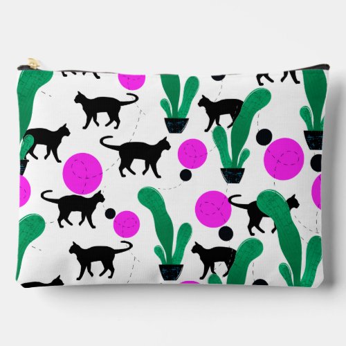 Trendy Black Cat and Cactus Pattern Accessory Pouch