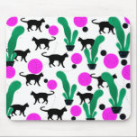 Trendy Black Cat and Cactus Pattern Mouse Pad<br><div class="desc">Cool black cat and cactus with trendy dots pattern.</div>