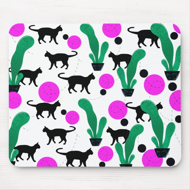 Trendy Black Cat and Cactus Pattern Mouse Pad (Front)
