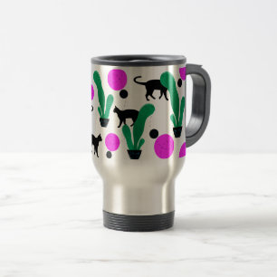 Trendy Black Cat and Cactus Pattern Travel Mug