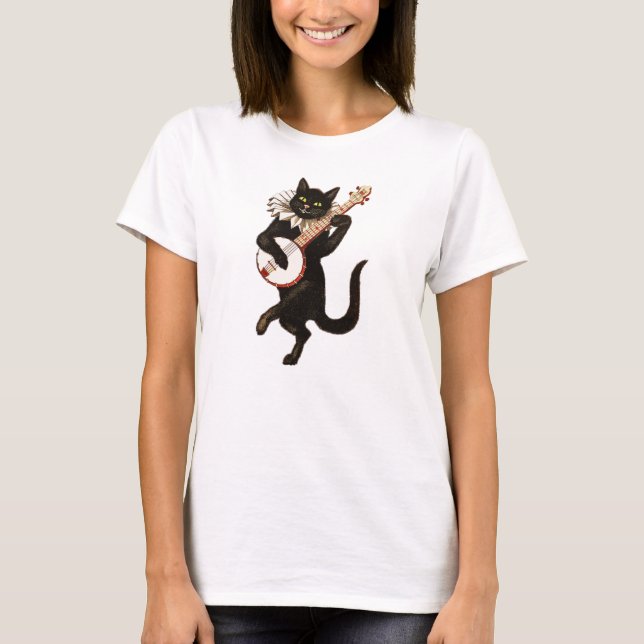 Trendy Black Cat Playing The Banjo T-Shirt (Front)