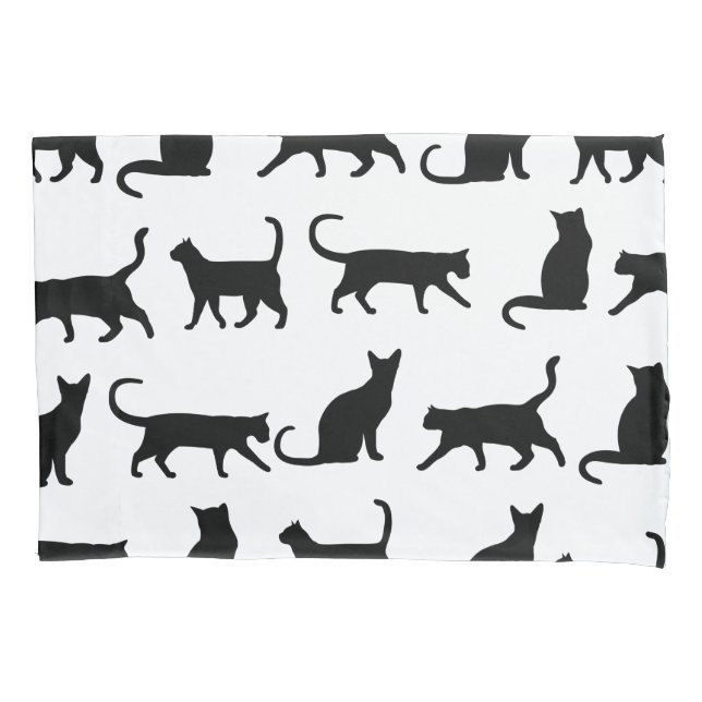 Trendy Black Cat Silhouettes & White Pillow Case (Front)