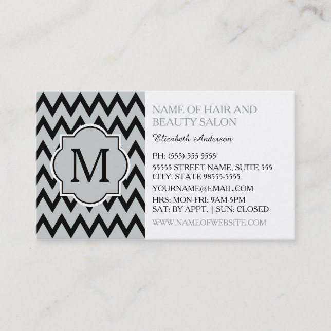 Trendy Black Chevron Zigzag Monogram Hairstylist Business Card (Front)