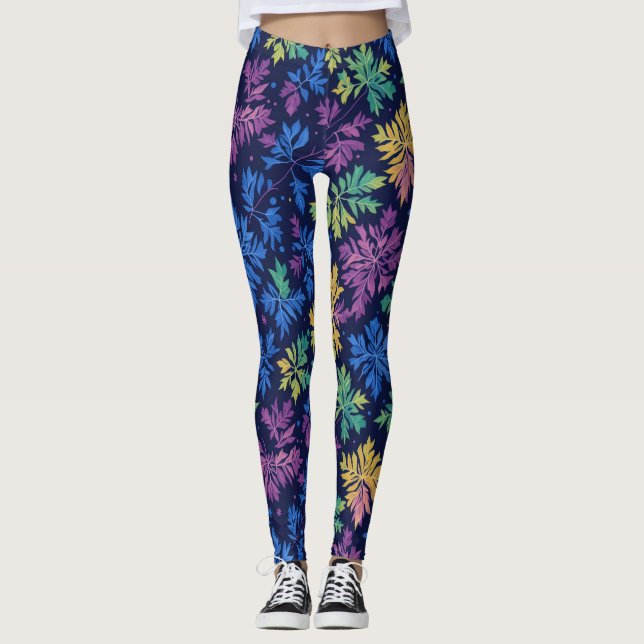 Trendy Black Colorful Leaves Botanical Pattern  Leggings (Front)
