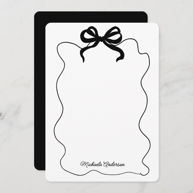 Trendy Black Coquette Bow & Squiggle Frame Note Card (Front/Back)