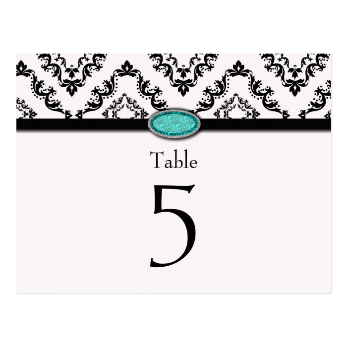 Trendy black damask aqua jewel wedding table card postcard