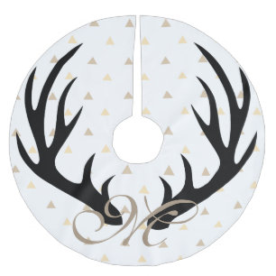 Trendy Black Deer Antlers Gold Confetti Monogram Brushed Polyester Tree Skirt