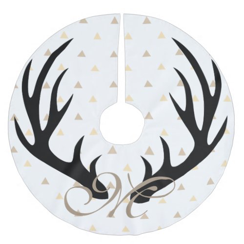 Trendy Black Deer Antlers Gold Confetti Monogram Brushed Polyester Tree Skirt