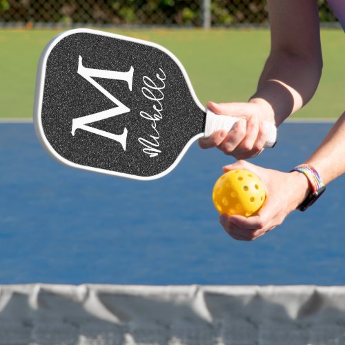 Trendy Black Faux Glitter Monogram Initial Name Pickleball Paddle