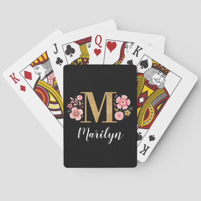 Trendy Black Floral Monogram letter M Poker Cards (Back)