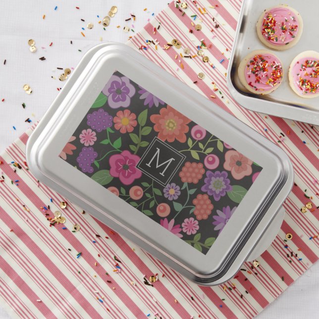 Trendy Black Floral Pattern with Custom Monogram Cake Pan (In Situ)