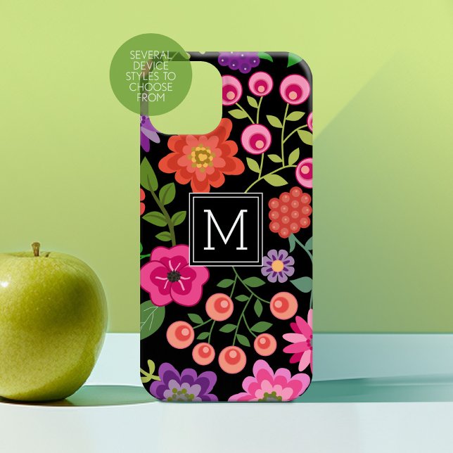 Trendy Black Floral Pattern with Custom Monogram Case-Mate iPhone Case (Personalized Phone Case with Custom Text - Choose a Device Style)