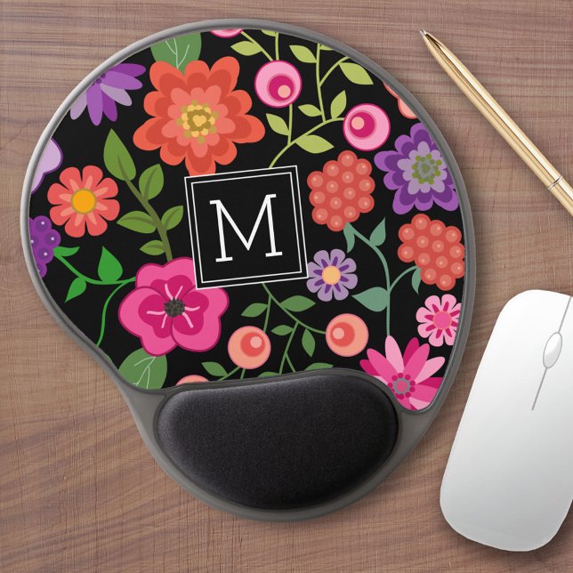 Trendy Black Floral Pattern with Custom Monogram Gel Mouse Pad (Personalized mousepad with custom text)