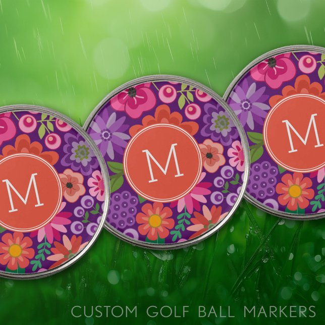 Trendy Black Floral Pattern with Custom Monogram Golf Ball Marker (Custom Golf Ball Markers)