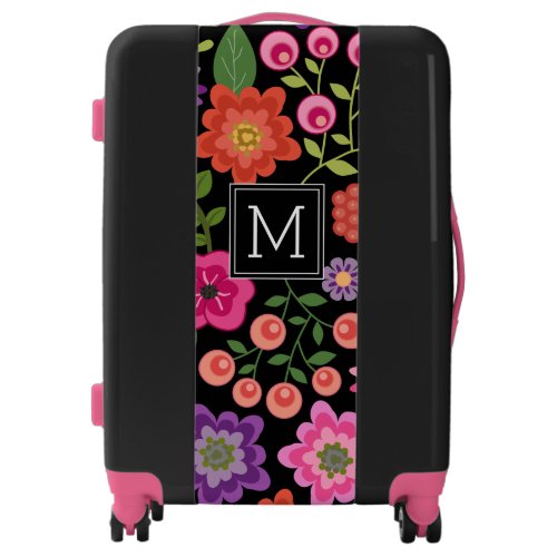 Trendy Black Floral Pattern with Custom Monogram Luggage