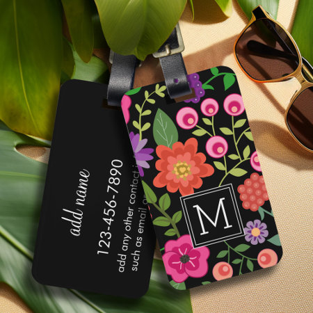 Trendy Black Floral Pattern With Custom Monogram Luggage Tag