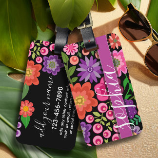 Trendy Black Floral Pattern with Custom Monogram Luggage Tag