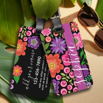 Trendy Black Floral Pattern With Custom Monogram Luggage Tag by icases at Zazzle