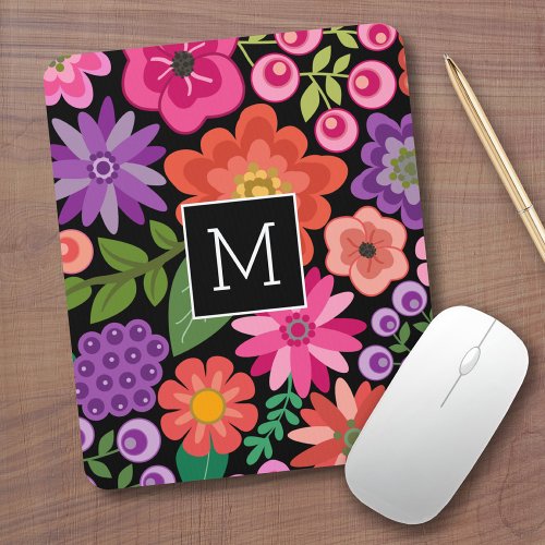 Trendy Black Floral Pattern with Custom Monogram Mouse Pad