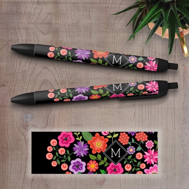Trendy Black Floral Pattern with Custom Monogram Pen (Personalized Writing Pens - add your name, monogram or other text)