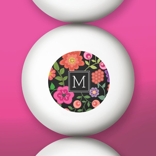 Trendy Black Floral Pattern with Custom Monogram Ping Pong Ball (Custom Ping Pong Balls)
