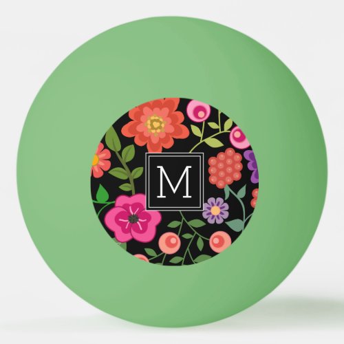 Trendy Black Floral Pattern with Custom Monogram Ping Pong Ball