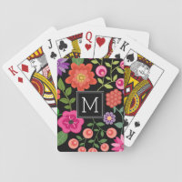 Trendy Black Floral Pattern with Custom Monogram Playing Cards
