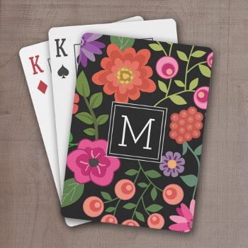 Trendy Black Floral Pattern With Custom Monogram Playing Cards by icases at Zazzle