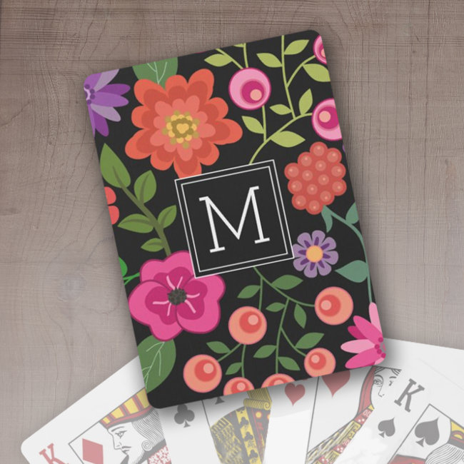 Trendy Black Floral Pattern with Custom Monogram Playing Cards