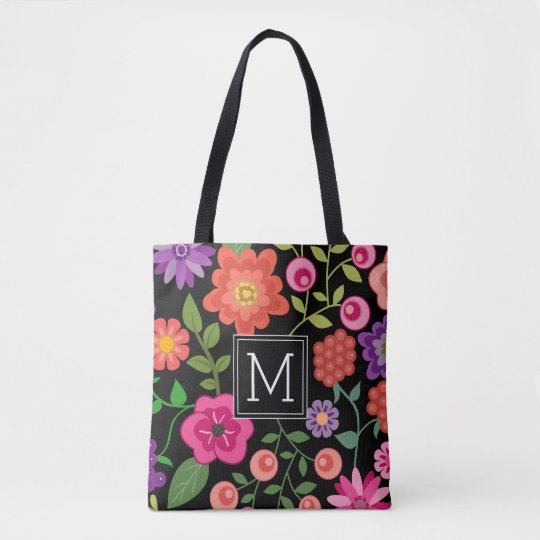 Trendy Black Floral Pattern With Custom Monogram Tote Bag | Zazzle.com