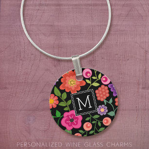 Trendy Black Floral Pattern with Custom Monogram Wine Charm