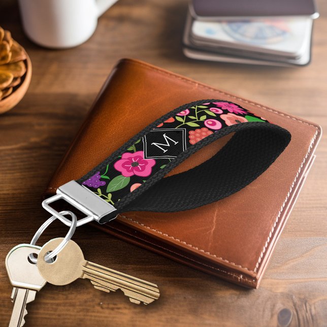 Trendy Black Floral Pattern with Custom Monogram Wrist Keychain (Personalized keychain - Black flowers and monogram)