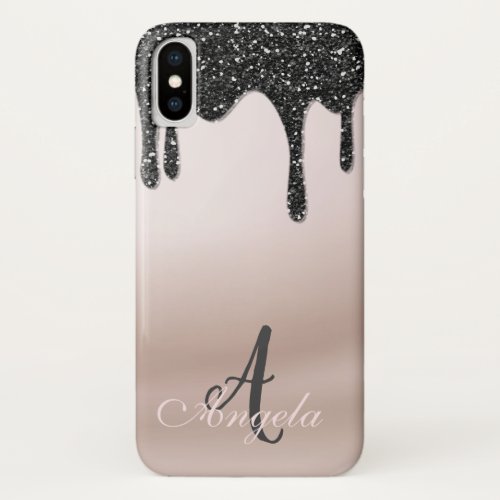 Trendy Black Glitter Drops Monogram_ Personalized iPhone XS Case