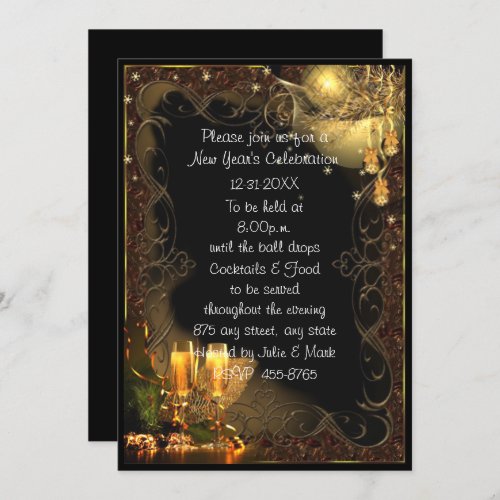 Trendy Black Gold Champagne New Years Party Invitation